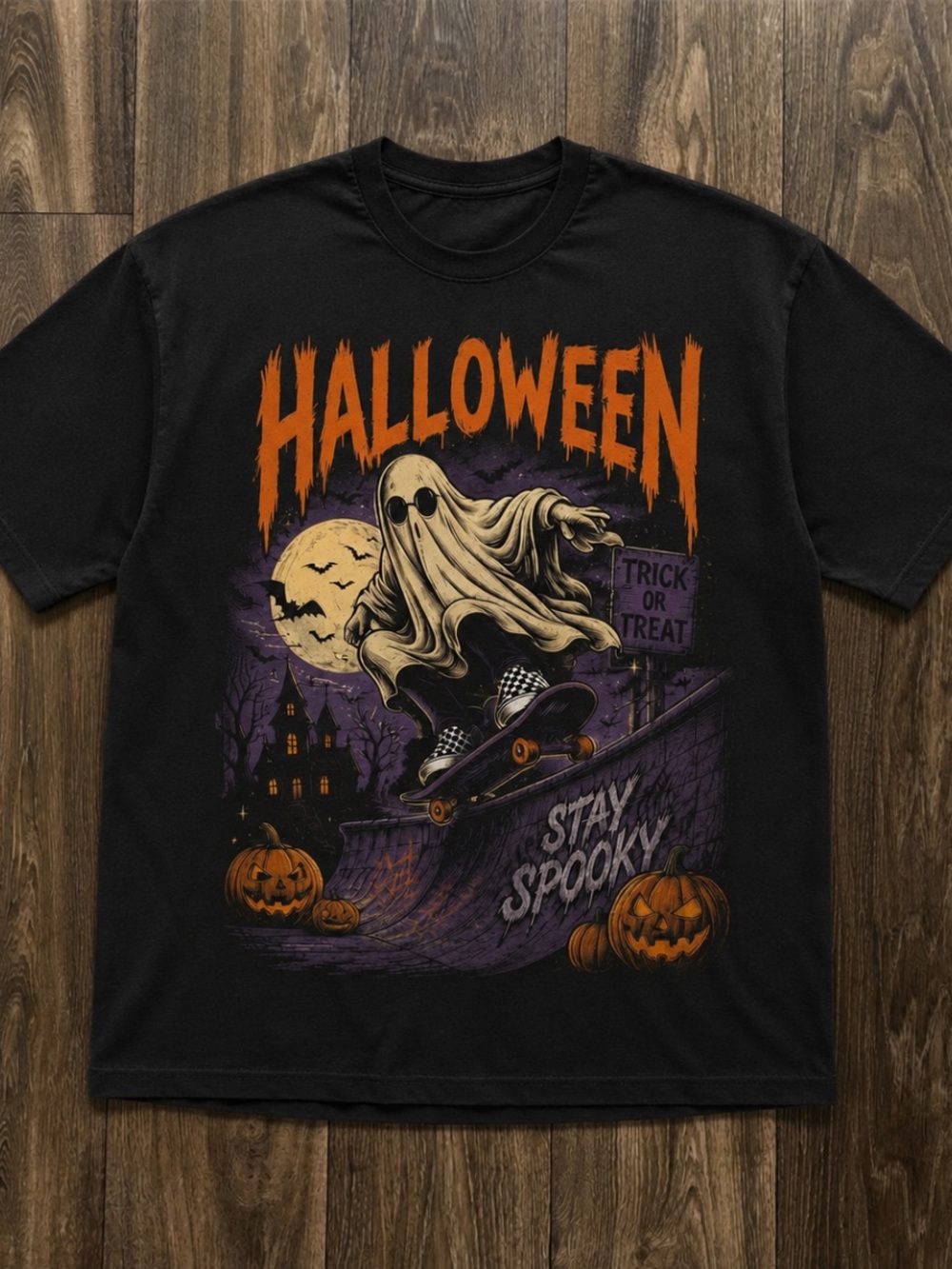 Halloween Skate Ghost Graphic Tee - Black with Orange & Purple Print